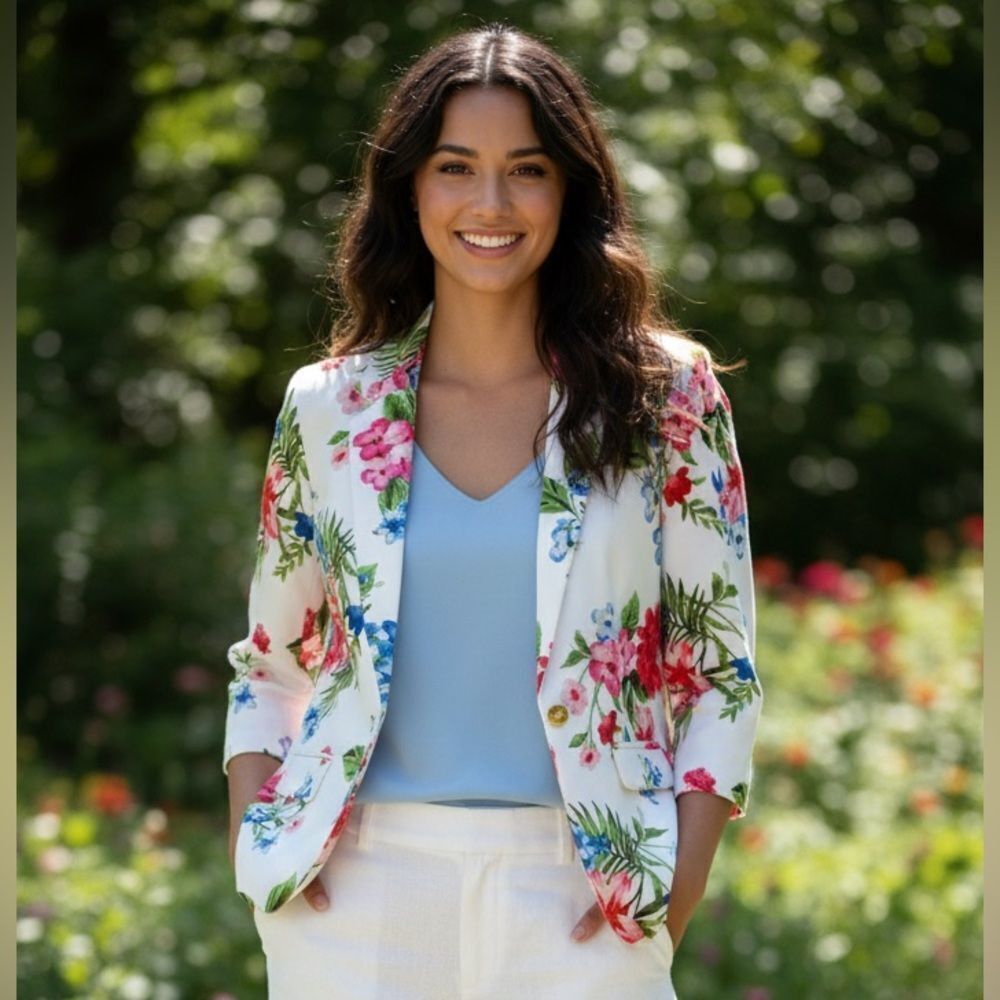 Take 50% OFF- NYCC White and Red Floral Blazer with Tailored Collar, Size-PL